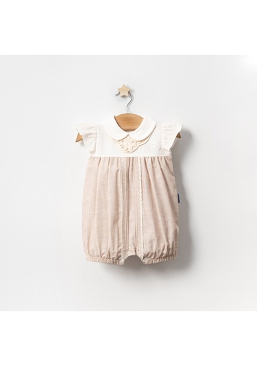 Yazlık Yakası Fisto Dantelli Bebe Kız Tulum Bej