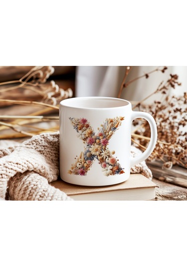 X Harfi Çiçek Desenli Kupa Bardak - Alfabe Harfleri İle Doğal Çiçekli Kupa - Hediye Fikir Beyaz