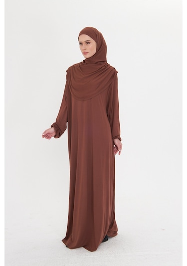Tek Parça Namaz Elbisesi Viskon Düz 2503 14 Kahverengi