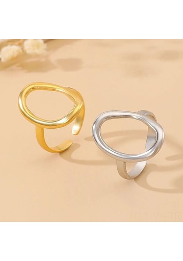Vkemall Titanium Çelik Açık Uyarlanabilir Yüzük Seti 2 Adet - Irregular Yuvarlak Desen - Altın+gümüş - Şık Ve Basit Tasarım - Her Zaman Parlak Gold