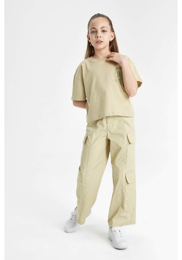 Defacto Kız Çocuk Wide Leg Kargo Geniş Paça Pamuklu Pantolon C1644A824SPBG433 Bej