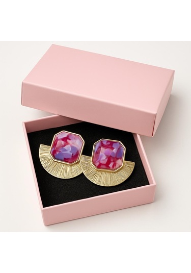 Pembe Mor Taş Detaylı Altın Renkli Modern Küpe Çok Renkli