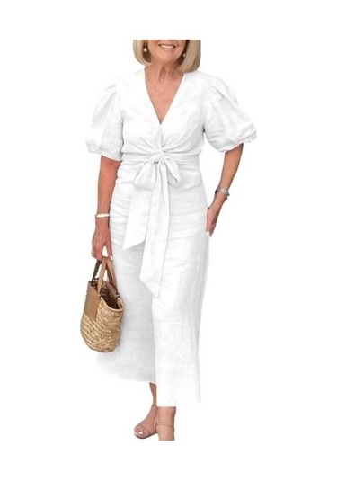 Yazlık Maksi Elbise V Yaka Bağcıklı Bel Kabarık Kollu Düz Renk Bol Beyaz