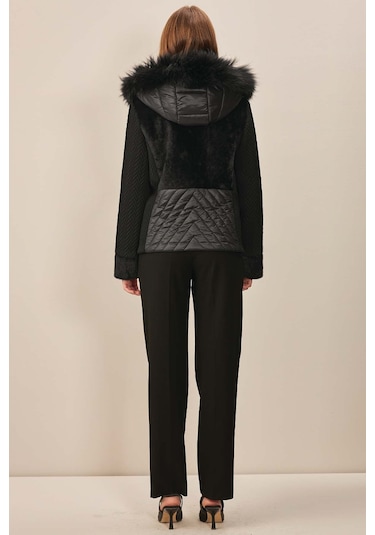 Kapüşonlu Siyah Dokuma Mont Siyah