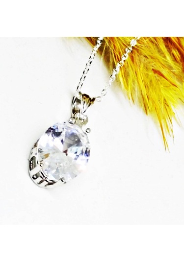 Lilahgümüştr Gümüş Oval Beyaz Taşlı Kadın Kolye Küpe