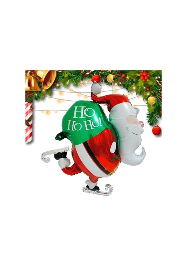 Yılbaşı Buz Pateni Yapan Noel Baba Hediye Çuvallı Folyo Balon 79x89 Cm Çok Renkli