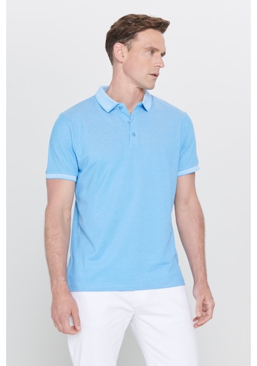 Ac&Co / Altınyıldız Classics 4A4820200047Sabm Düğmeli Polo Yaka Cepsiz Slim Fit Erkek Tişört Saks Mavisi - Beyaz Saks Mavi