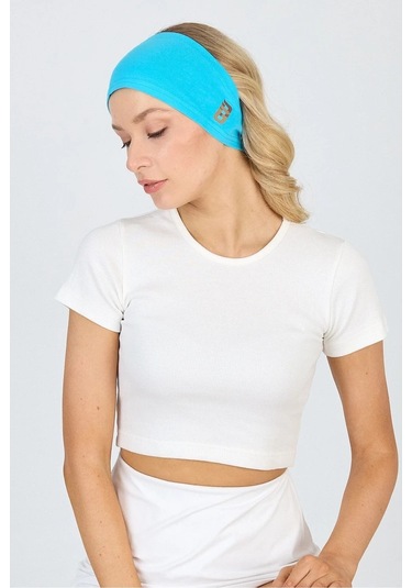 Beyaz Kısa Kol Bisiklet Yaka Vücuda Oturan Kaşkorse Crop + Bandana Set %100 Pamumklu, Esnek Rahat Aqua