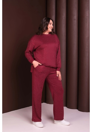 Önü Taş Baskılı Alt-üst Takım Bordo