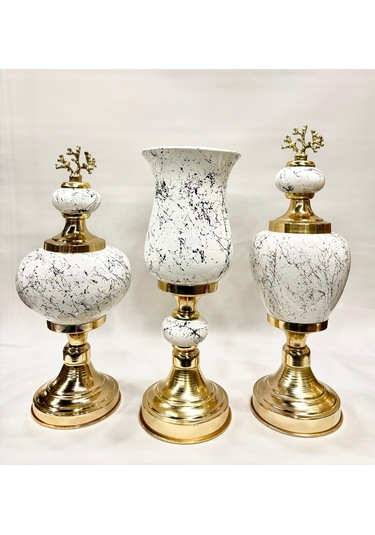 3'lü Dekoratif Prestij Dekoratif Vazo Set - Gold Beyaz Gold Beyaz
