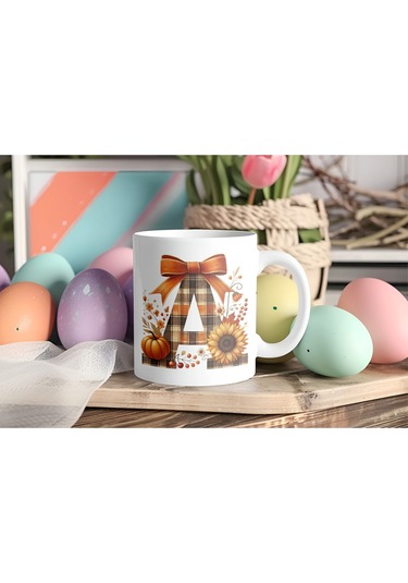 A Harfi Ekose Ve Sonbahar Temalı Kupa Bardak - Kişiye Özel Sıcak Tonlar Alfabe Kupa - Hediye Beyaz