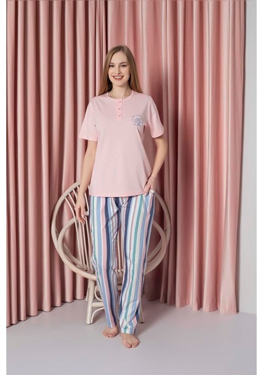 Ahengim Kadın Pijama Takımı Süprem Kısa Kollu Alt Çizgili Göğüs Nakışlı Pamuklu W20722328 Pembe