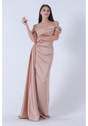 Feminist Bej Drape Detaylı Saten Kumaş Abiye Elbise 9704858.55