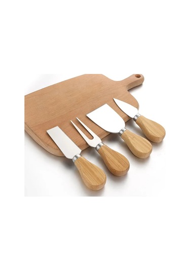 4 Parça Bambu Saplı Peynir Bıçak Çatal Spatula Seti, Sunum Seti