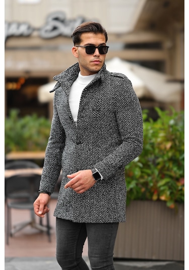 Erkek Dar Kesim Dik Yaka Uzun Açık Desenli Kaşe Kaban Gri - Siyah