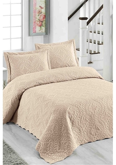 Sarmaşık Çift Kişilik Düz Renk Yatak Örtüsü Takımı - Sütlü Kahver