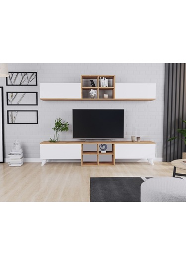 Eyfel 4 Kapaklı Tv Ünitesi, Tv Sehpası Atlantik Çam - Beyaz Beyaz