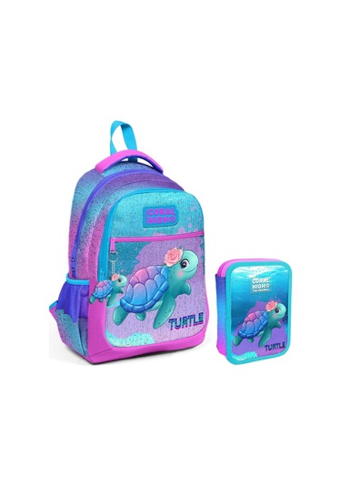 Coral High Turkuaz Pembe Kaplumbağa Kız Çocuk Okul Çantası Ve Organizer Kalemlik Seti 23497+11134 Turkuaz - Pembe