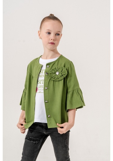 Kız Çocuk Çiçek Gömlekli İkili Kız Takım 3127 Haki