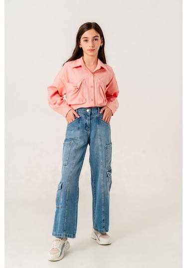 Kız Çocuk Körük Cepli Gömlek 3155 Somon