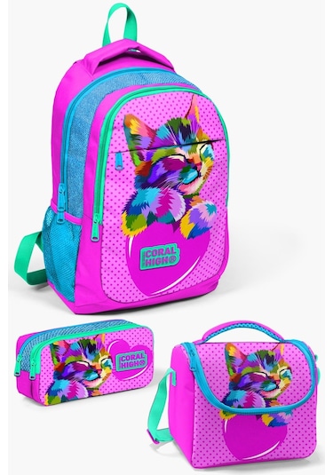 Coral High Kids Pembe Mavi Simli Kedi Desenli 3 Lü Okul Çanta Seti Set014387