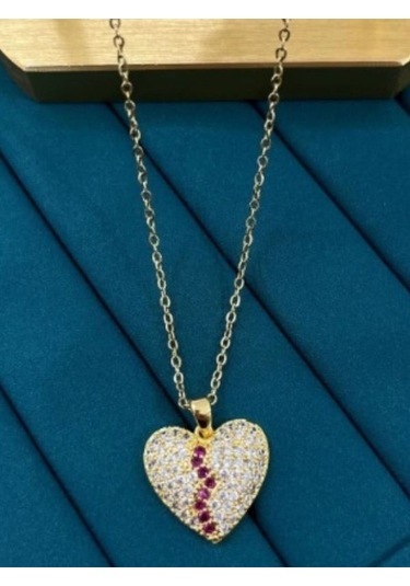 Kristal Taşlı Gold Renk Kalp Çelik Kolye Gold