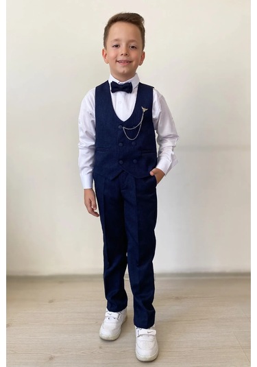 Erkek Çocuk Takım Elbise Papyonlu Yelekli Takım Elbise Lacivert