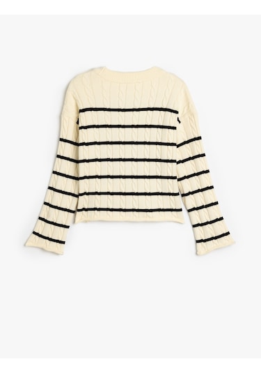 Koton Kazak Uzun Kollu Bisiklet Yaka Viskoz Karışımlı Ekru Çizgili 5wkg90108at Ekru Çizgili