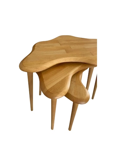 Fawdecor Asimetrik Masif Ahşap Zigon Sehpa Takımı 3'lü Set Meşe