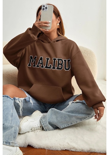 Malıbu Baskılı Oversize Sweatshirt Kahverengi