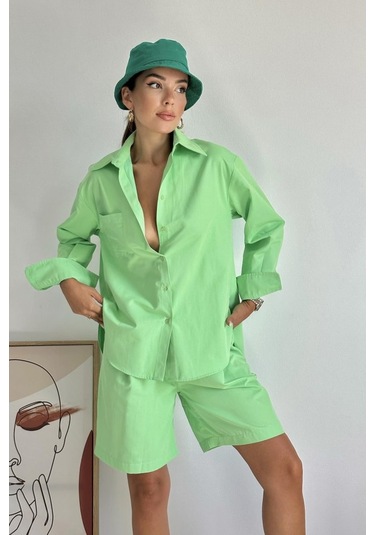 Fıstık Yeşili Önü Cepli Gömlek Ve Şort Takım Fıstık Yeşili