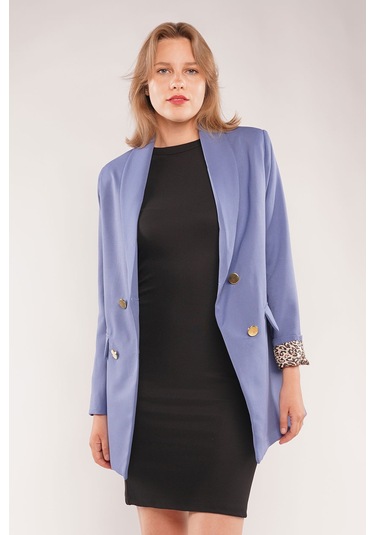 Gabria Kolları Leopar Desenli Kadın Ceket Mavi