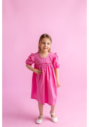 Oliventhekid Robadan Fırfır Büzgülü Kolları Lastikli Poplin Kız Çocuk Elbise Pembe Pembe