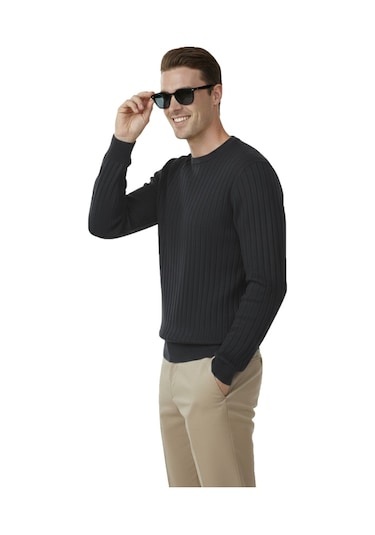 Deepsea Erkek Füme Rahat Kalıp Çizgi Dokulu Triko Kazak Şık & Modern Tasarım 2605432 Füme