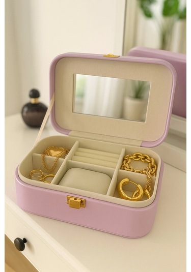 Deri Seyahat Takı Bijuteri Mücevher Kutusu Organizer Düzenleyici 20cm Lila İthal Ürün