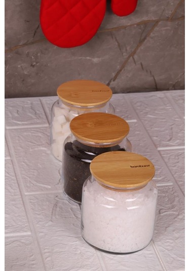 Zone - 3'lü Cam Saklama Kabı 600ml Vakumlu Bambu Kapaklı Ahşap - Şeffaf