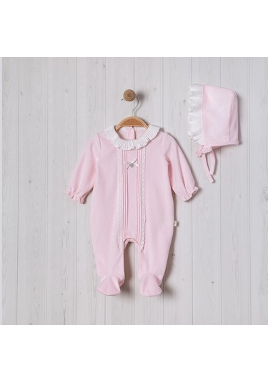 Nervürlü Yakası Fırfırlı Şapkalı Bebe Kız Tulum Pembe