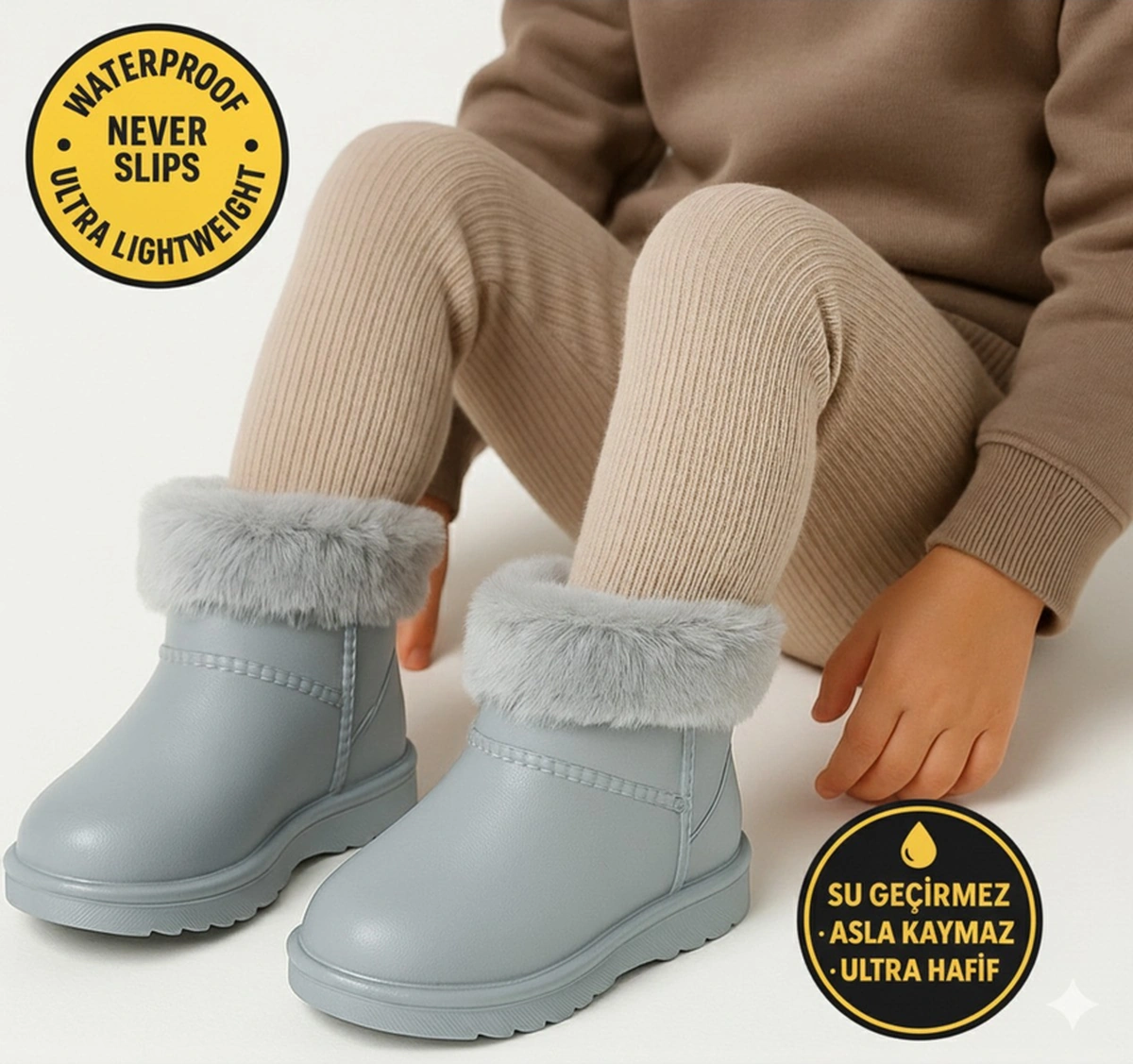 Çocuk Kışlık Kar Yağmur Botu Su Geçirmez, Peluş Astarlı, Eva W10290-225 Tokio Borreguito Modeli Gri