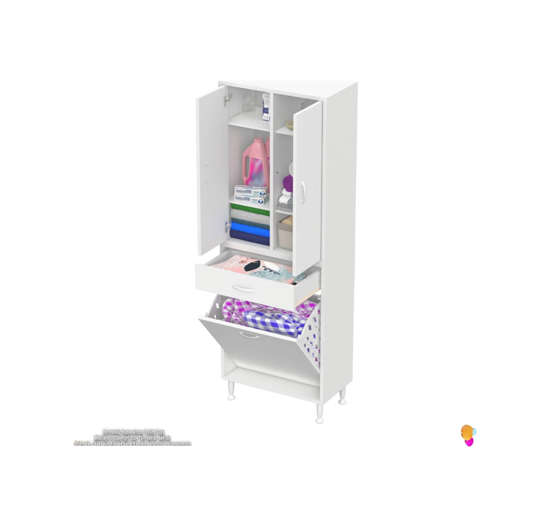 Yeni Kayra Tek Çekmece, 1 Göz Sepet, 2 Kapak, 6 Raf Dar Alan Banyo Dolabı 55x173x32,5 Cm Beyaz