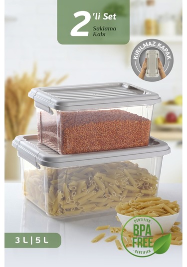 2'li Set Kilit Kapaklı Un Bakliyat Erzak Kabı - Çok Amaçlı Düzenleyici Deterjan Saklama Kutusu 3l-5l Bej