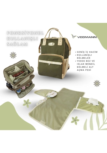Vegmann Tender Impertex Kumaş Anne Bebek Bakım Sırt Çantası Biberon Termos Gözlü Haki-bej Haki-bej Bej - Haki