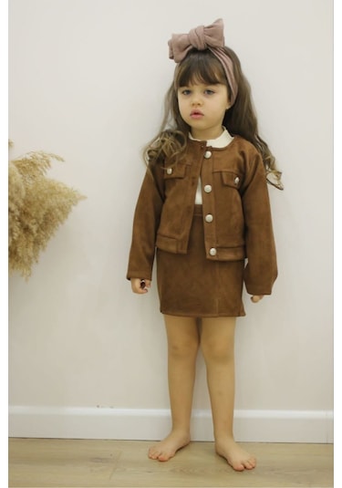 Kız Çocuk Süet Ceket Etek Bady Üç Parça Tarz Takım 001