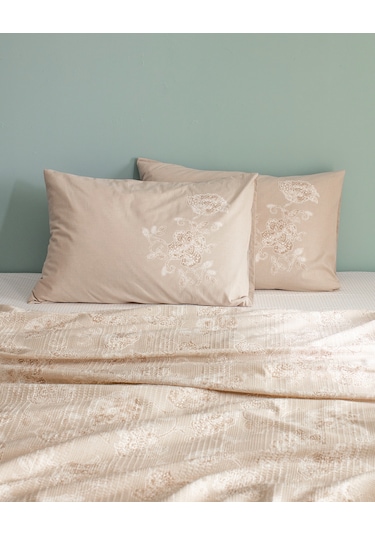 Berne Tek Kişilik Pamuklu Ecocell Baskılı Pike Takımı - Bej Ekru