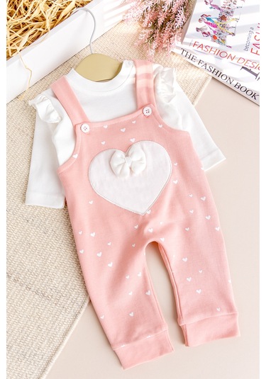 Kalp Desenli Fiyonklu Kız Bebek Tulum Salopet Takım Kırmızı