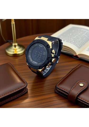 Primepickings Siyah Altın Erkek Spor Dijital Alarmlı Su Geçirmez Lüminesant Kadranlı Genç Saati Diğer