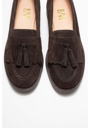 Milina Kahverengi Süet Püsküllü Hakiki Deri Kadın Loafer Ayakkabı Kahve Süet