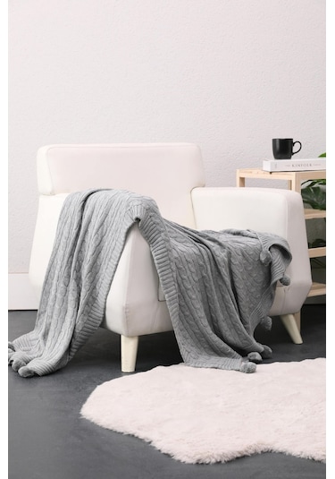 Biocotton Triko Ponponlu Örgü Tv Battaniyesi - Gri