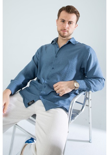 Rahat Kesim Keten Dokulu Gömlek Mavi