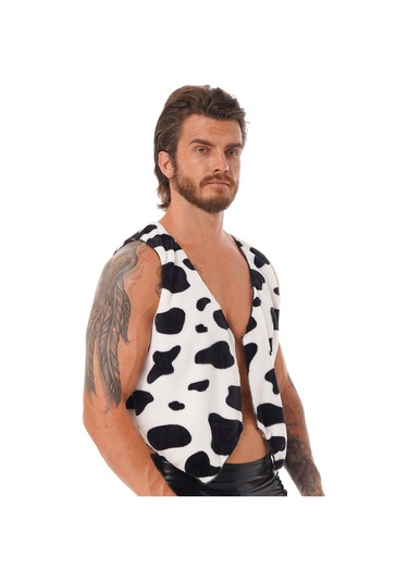 Kolsuz Yelek Siyah Ve Beyaz İnek Baskılı Flanel Yelek Erkekler İçin Tops Cosplay Kostüm Siyah