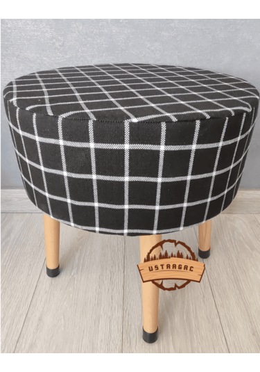 Puf Koltuk Tabure - Siyah Üstü Beyaz Örme Ekose - Ahşap Gürgen Ay